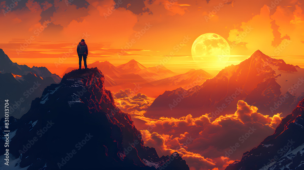 Man representing bravery, faith, determination and courage. Next to it are gigantic mountain valleys. Sun, at dawn. High quality, lots of details.