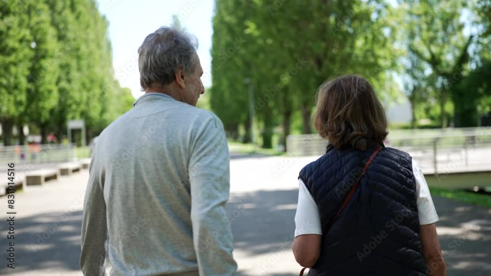Senior couple enjoying walk in sunny park, back view, arms around each other, surrounded by green trees, outdoor leisure activity, affectionate and serene moment, golden years companionship Senior couple enjoying walk in sunny park, back view, arms around each other, surrounded by green trees, outdoor leisure activity, affectionate and serene moment, golden years companionship