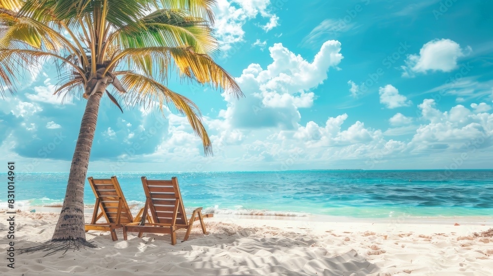 Fototapeta premium A beautiful tropical beach with palm trees, white sand and two sun loungers on a background of turquoise ocean and blue sky with clouds. 