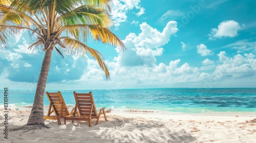 A beautiful tropical beach with palm trees, white sand and two sun loungers on a background of turquoise ocean and blue sky with clouds.  © nikola-master