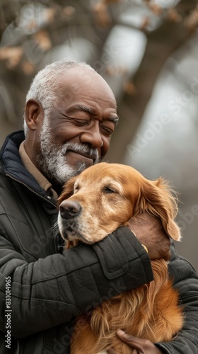 A man is holding a small dog in his arms, cradling it close to his chest. The mans face shows a gentle expression as he interacts with the furry canine companion photo