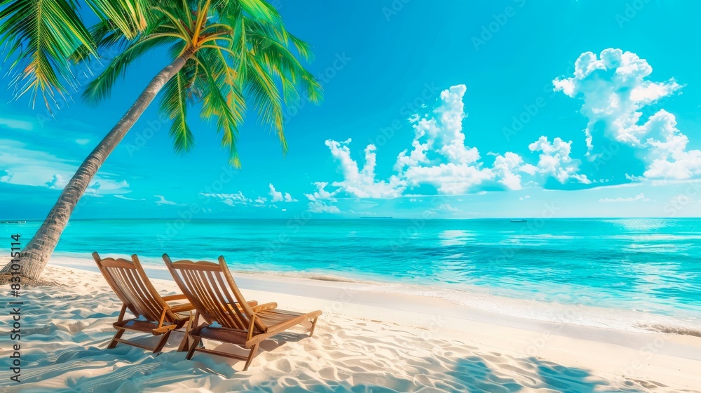 Obraz premium A beautiful tropical beach with palm trees, white sand and two sun loungers on a background of turquoise ocean and blue sky with clouds. 