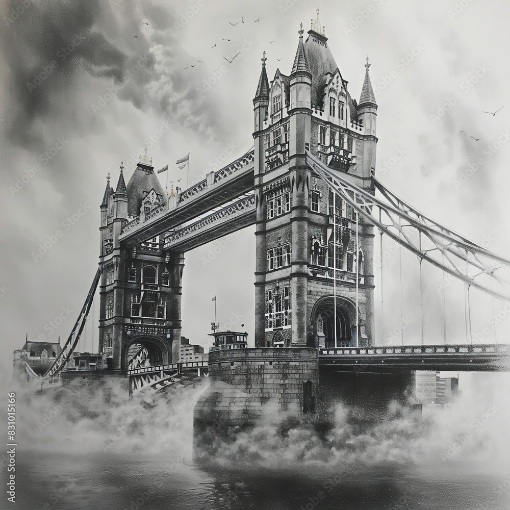 Obraz premium A black and white hand-drawn sketch of the Tower Bridge in London with dramatic clouds on a white background, reflecting architectural drawing