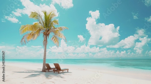 A beautiful tropical beach with palm trees  white sand and two sun loungers on a background of turquoise ocean and blue sky with clouds. 