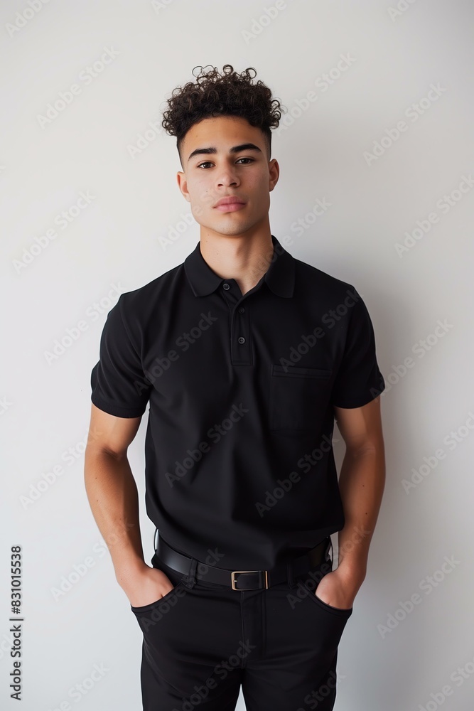 Obraz premium young Middle Eastern man standing with his hands in his pockets, wearing a black polo shirt and black pants, short curly dark hair, medium skin tone, plain white background