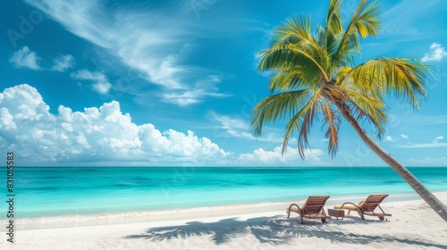 A beautiful tropical beach with palm trees, white sand and two sun loungers on a background of turquoise ocean and blue sky with clouds. 
