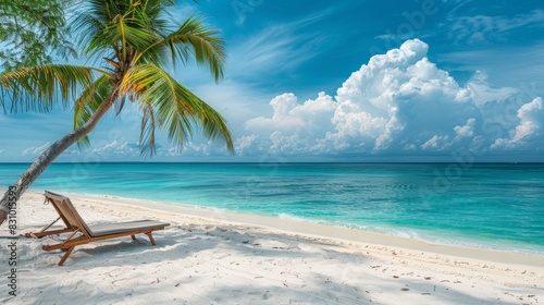 A beautiful tropical beach with palm trees, white sand and two sun loungers on a background of turquoise ocean and blue sky with clouds. 