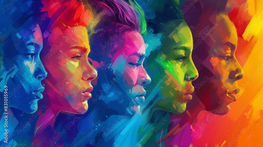 An LGBTQ illustration banner, mix of portraits and pride symbols, energetic and vibrant. Background of rainbow gradients. Crisp and clear details, bright lighting enhancing colors, subtle shadows for