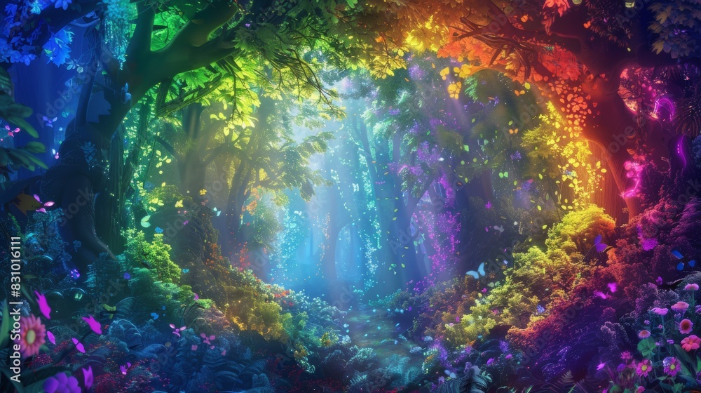 An LGBTQ-themed fantasy scene, magical forest, ethereal and vibrant. Diverse mythical creatures and characters celebrating pride. Background of enchanted trees and glowing flora. Luminous and