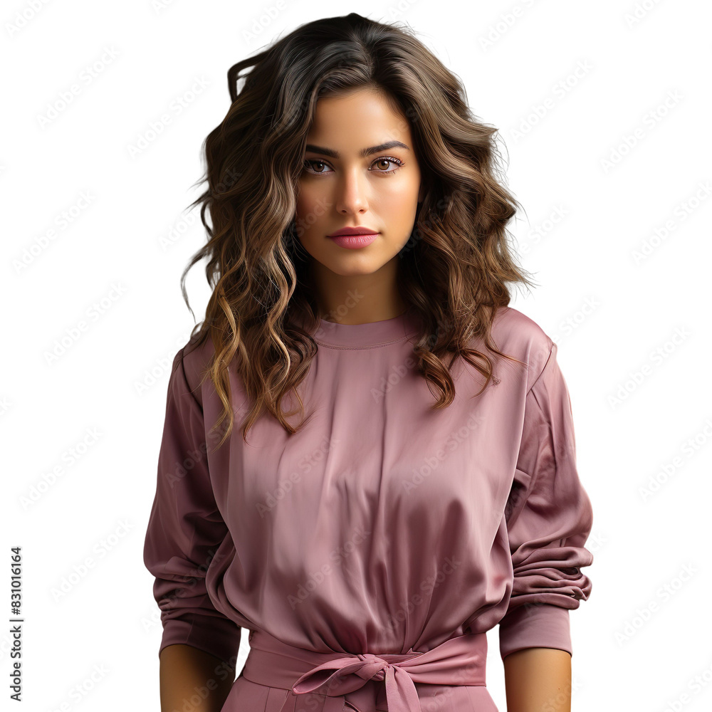 Front view close up of Latina woman dressed in a soft mauve sweater and chocolate brown corduroy pants isolated on a white transparent background Front view close up of Latina woman dressed in a soft mauve sweater and chocolate brown corduroy pants isolated on a white transparent background