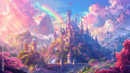 An LGBTQ fantasy world, majestic castle adorned with pride flags, rainbow hues in the sky. Enchanted creatures and characters in celebration. Background of a magical landscape. Bright and vivid © Yanopas