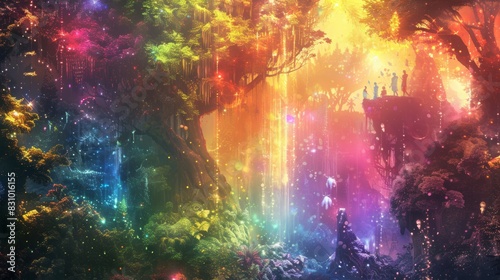 An LGBTQ-themed fantasy scene, magical forest, ethereal and vibrant. Diverse mythical creatures and characters celebrating pride. Background of enchanted trees and glowing flora. Luminous and