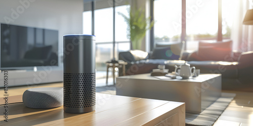 Smart Speaker in Modern Living Room   Advanced Digital Assistant for Home Automation 