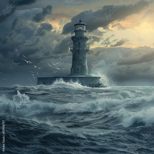 Lighthouse amidst stormy seas with dramatic clouds and waves crashing, symbolizing strength and guidance in turbulent times.