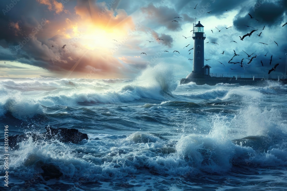 Dramatic ocean scene with a lighthouse on a stormy day, waves crashing and birds soaring under a fiery sunset sky.