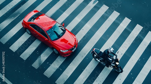 Car and motorcycle crossing a pedestrian crosswalk zebra on a highway, top view