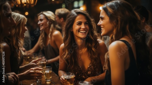 A group of friends are sharing a laugh over drinks at an upscale bar with elegance and warmth