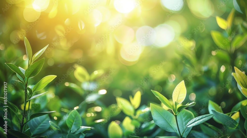 Beautiful natural spring summer defocused background with fresh lush foliage and bokeh in nature.