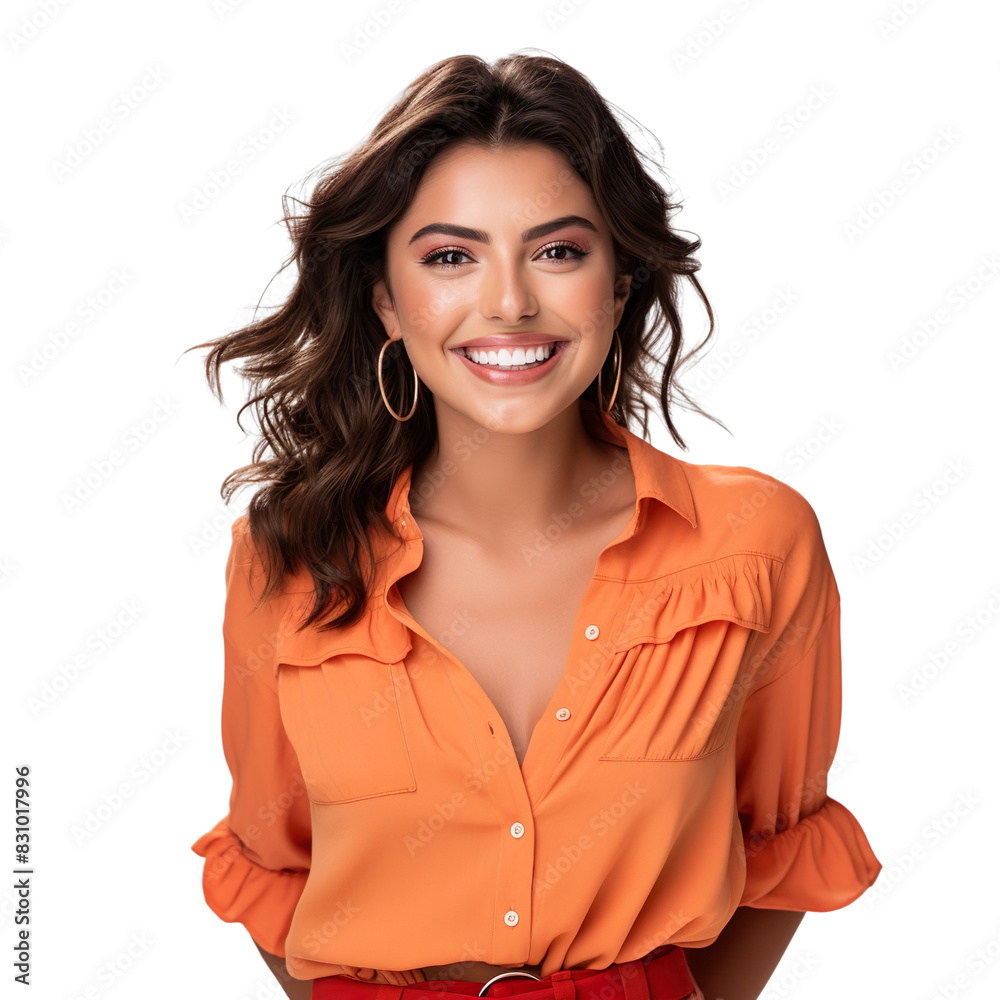 Front view close up of Latina woman dressed in a warm cinnamon brown blouse and faded denim shorts isolated on a white transparent background Front view close up of Latina woman dressed in a warm cinnamon brown blouse and faded denim shorts isolated on a white transparent background