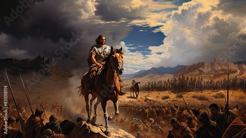 Digital art of a medieval knight on horseback leading an army into battle with dramatic skies