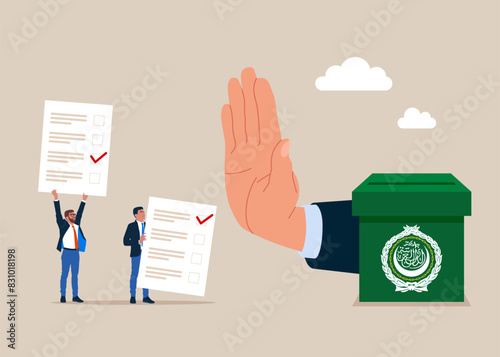 Showing her palm with refusing. Important news. Against voting in Arab League. Vote no campaign and protest signs for a political or social issue. Crisis in League of Arab States. Vector illustration 