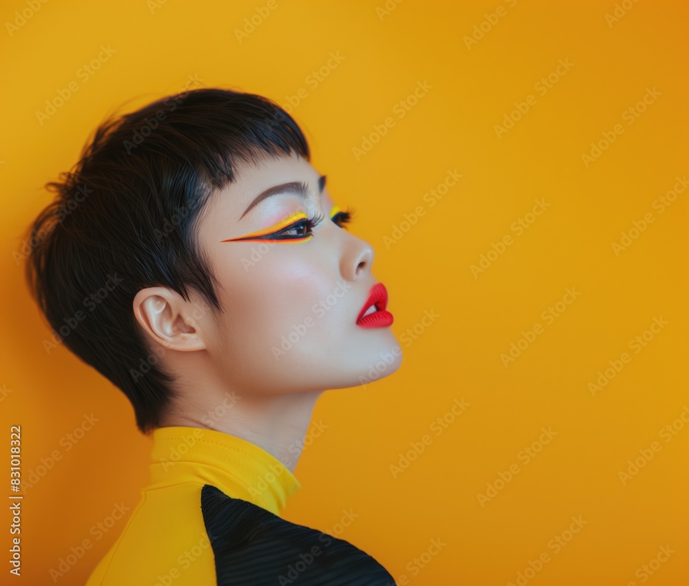 Striking Fashion Portrait with Bold Makeup Against Yellow Background Striking Fashion Portrait with Bold Makeup Against Yellow Background