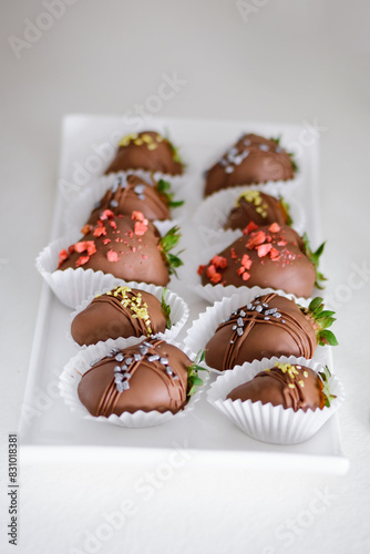 Ripe red strawberries with melted dark chocolate on the white plate.