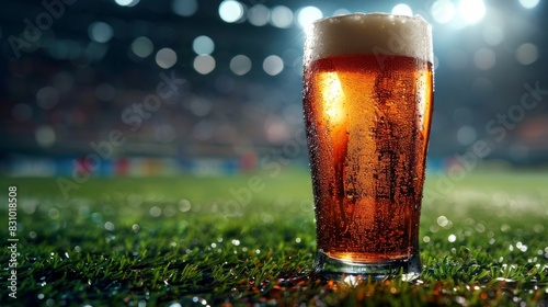 Glass of fresh and cold beer on soccer football stadium background