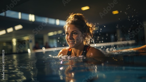 Female swimmer smiling during evening swim in a lit indoor pool, creating a sense of fitness and leisure © AS Photo Family
