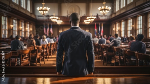 A solemn man standing in a courtroom, facing the audience, embodies the gravity of legal proceedings