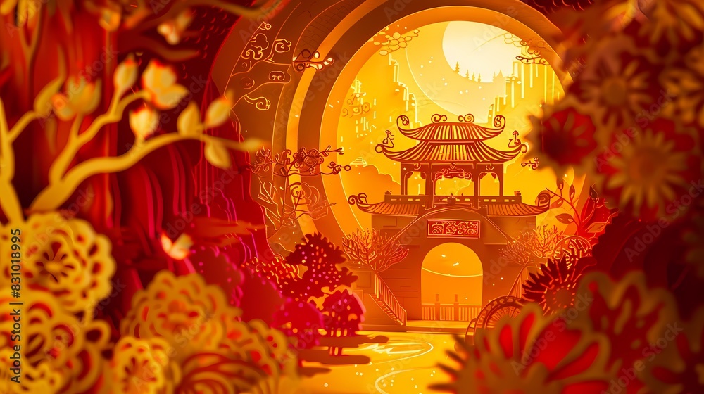 Obraz premium Red and yellow traditional style architectural paper cut poster background