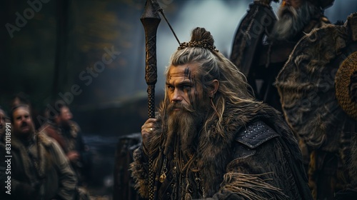 An intense warrior character is dressed in historical costume, gripping a bow, set in a dramatic scene