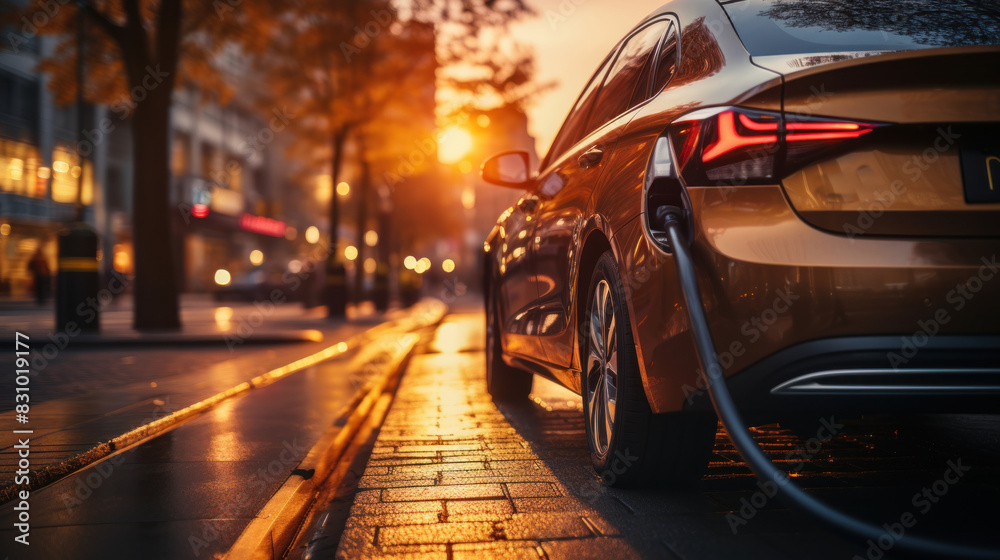 A modern car parked on a cobblestone street as the sun sets creating a warm ambiance City lights and buildings in the background