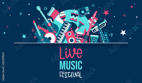 Live Music festival - Modern musical instruments - Illustrations and title - Blue background to celebrate music - Model for concerts and festivals - Musical notes and various instruments 