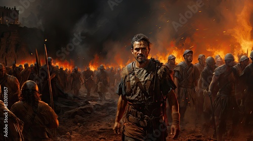 A man traverses a war-torn battlefield with warriors in the background amidst flames and smoke
