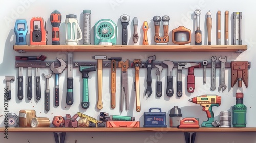 Develop a digital artwork of DIY tools. Illustrate tools such as a hammer, screwdriver, and measuring tape arranged in an orderly fashion. Use simple shapes and lines, and a muted color palette to