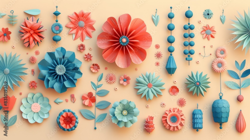 Fototapeta premium Design an illustration showcasing handmade crafts. Depict small crafted items such as paper flowers, beaded jewelry, and knitted pieces arranged neatly. Use a minimalist style with clean lines and a