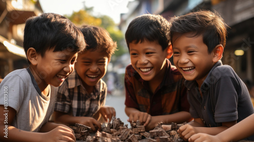 A group of cheerful boys laugh heartily as they play together outside in a warm  friendly atmosphere