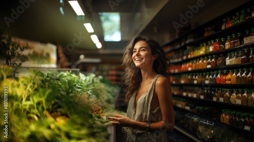 A joyful female customer picks fresh herbs in a cozy supermarket aisle among shelves with products