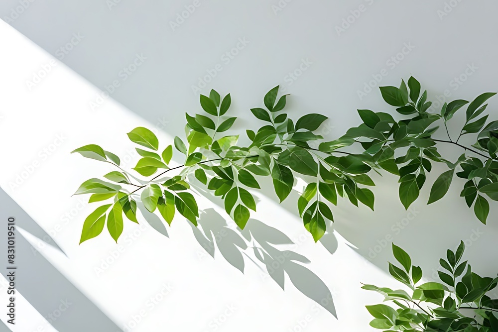 Blurred shadows of green foliage cast on a minimalist light background against a white wall, resulting in a serene ambiance. Blurred shadows of green foliage cast on a minimalist light background against a white wall, resulting in a serene ambiance.