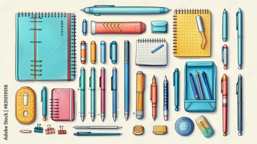 Create an illustration of creative stationery. Illustrate items like colorful pens, notebooks, and sticky notes arranged in an orderly fashion. Use a simple, clean style with a bright color palette