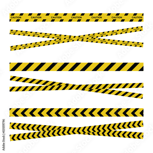 Caution and danger tapes, police Line set on a white background, black and yellow line striped, warning tape, vector illustration © BhandariProductions