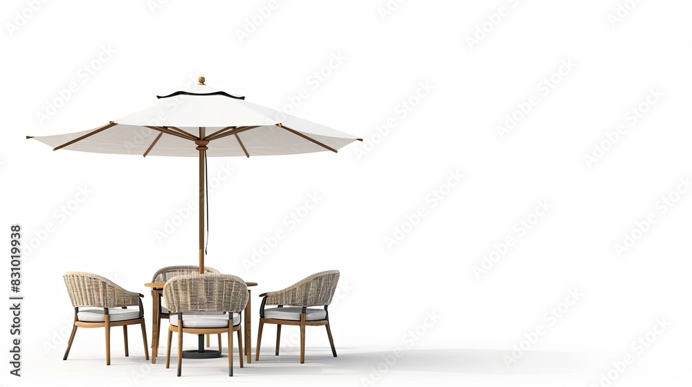 outdoor terrace with umbrella and chairs. isolated on white background