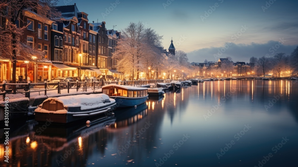 An idyllic evening scene along an Amsterdam canal with boats, snow-covered banks, and lit buildings providing reflections