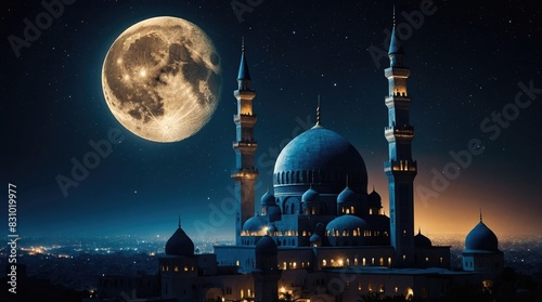 Enchanting Full Moon over Islamic Architecture: The full moon gracing the elegant curves of Islamic minarets and domes photo