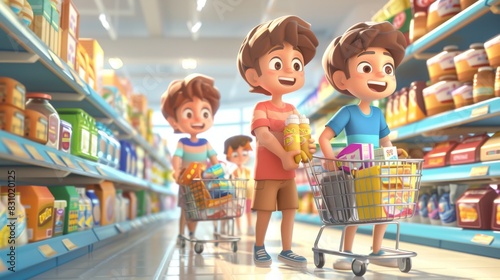 Animated characters in a store aisle, each with a shopping cart, eagerly picking up items from a shelf labeled Best Deals cartoon Vector Illustration Generative AI