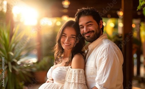 An intimate outdoor moment captured at sunset, featuring pregnant husband and wife in white attire, embracing each other