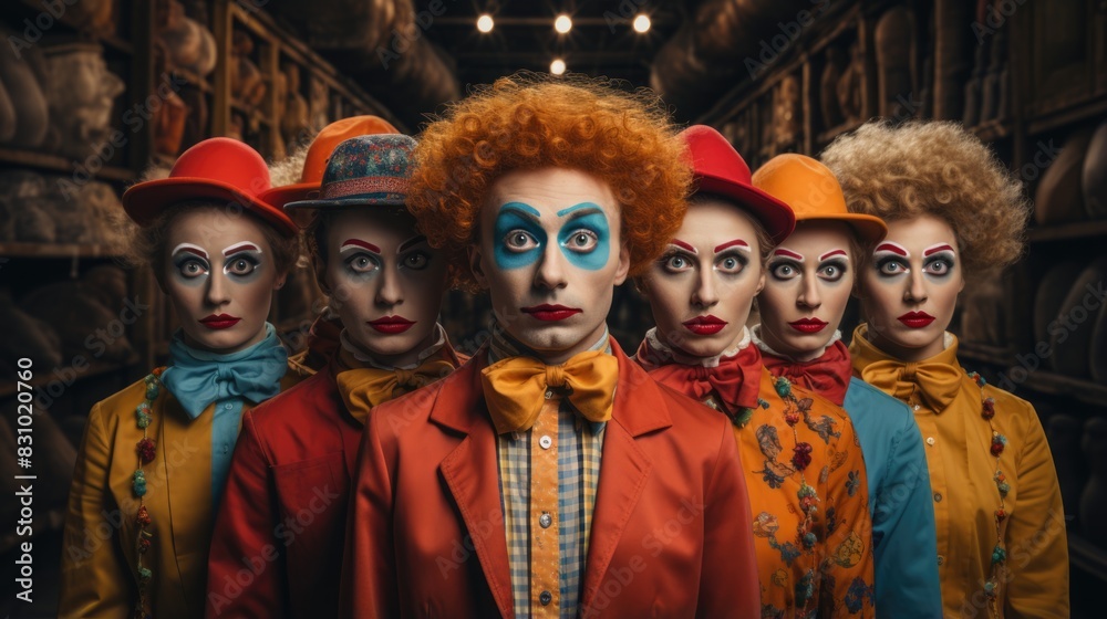 A group of performers in clown costumes and makeup displaying a range of dramatic expressions