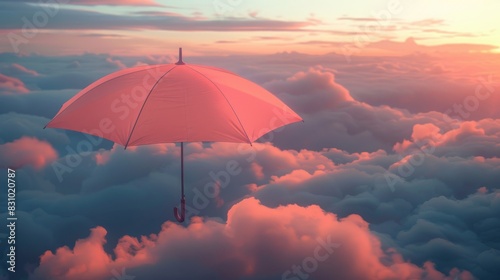 A white umbrella is flying through the sky above a cloudy, hazy day