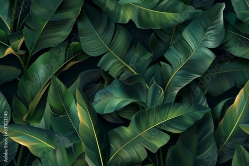 Tropical seamless pattern with dark green palm banana leaves. Glamorous exotic photo realistic background design. Good for luxury wallpapers, cloth, fabric printing, goods